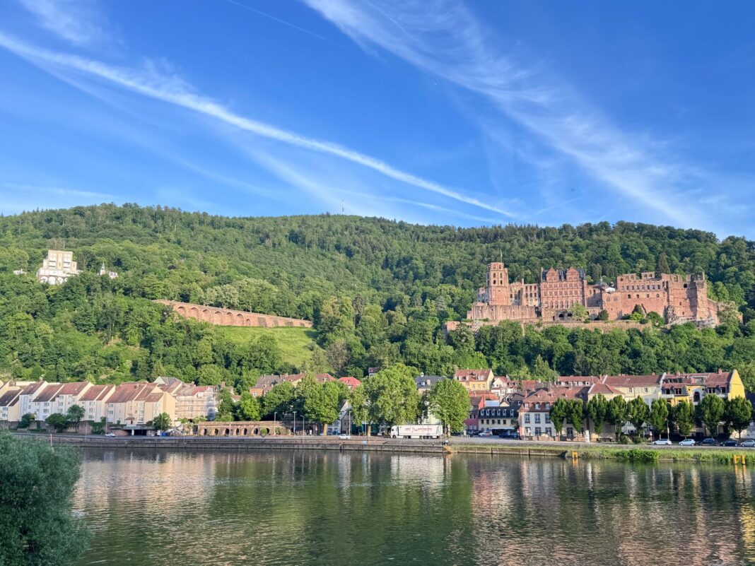 Zamek w Heidelbergu nad rzeką Neckar wśród zieleni i błękitnego nieba